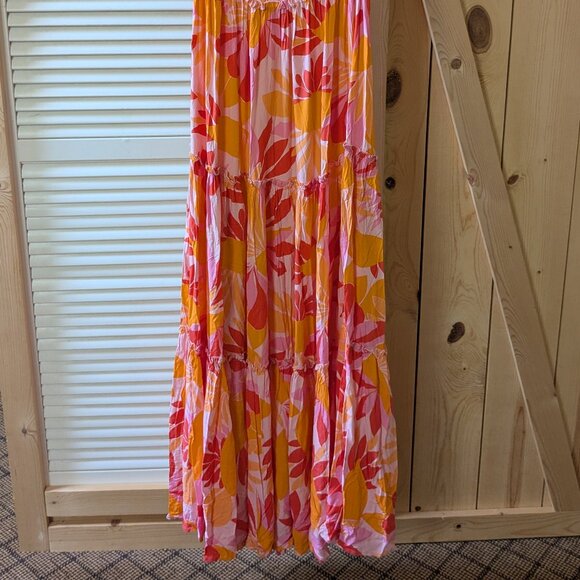 Abel The Label Floral Maxi Dress Womens Medium Smocked Tiered Sleeveless Orange - Picture 8 of 10